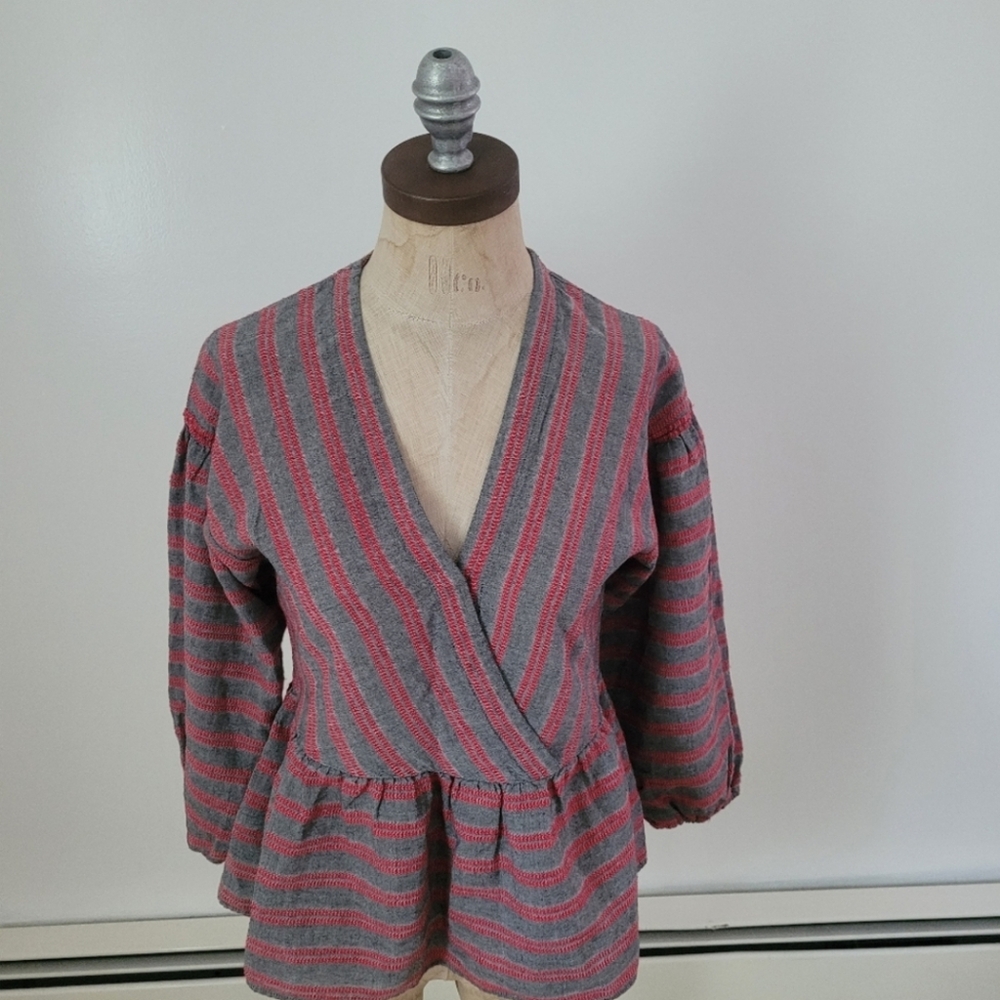Madewell Balloon Puff Sleeve Peplum Blouse Gray Red Stripe XS
